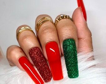 Red Nails | Glitter Red Green Nails | Holiday Luxury Press on Nails Winter Nails