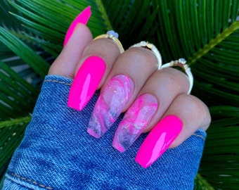 Pink Daze | Press on Nails | Coffin Ballerina Nails | Marble Nails | Pink Nails | Glue On Nails | Neon Nails | False Nails | Made to Order