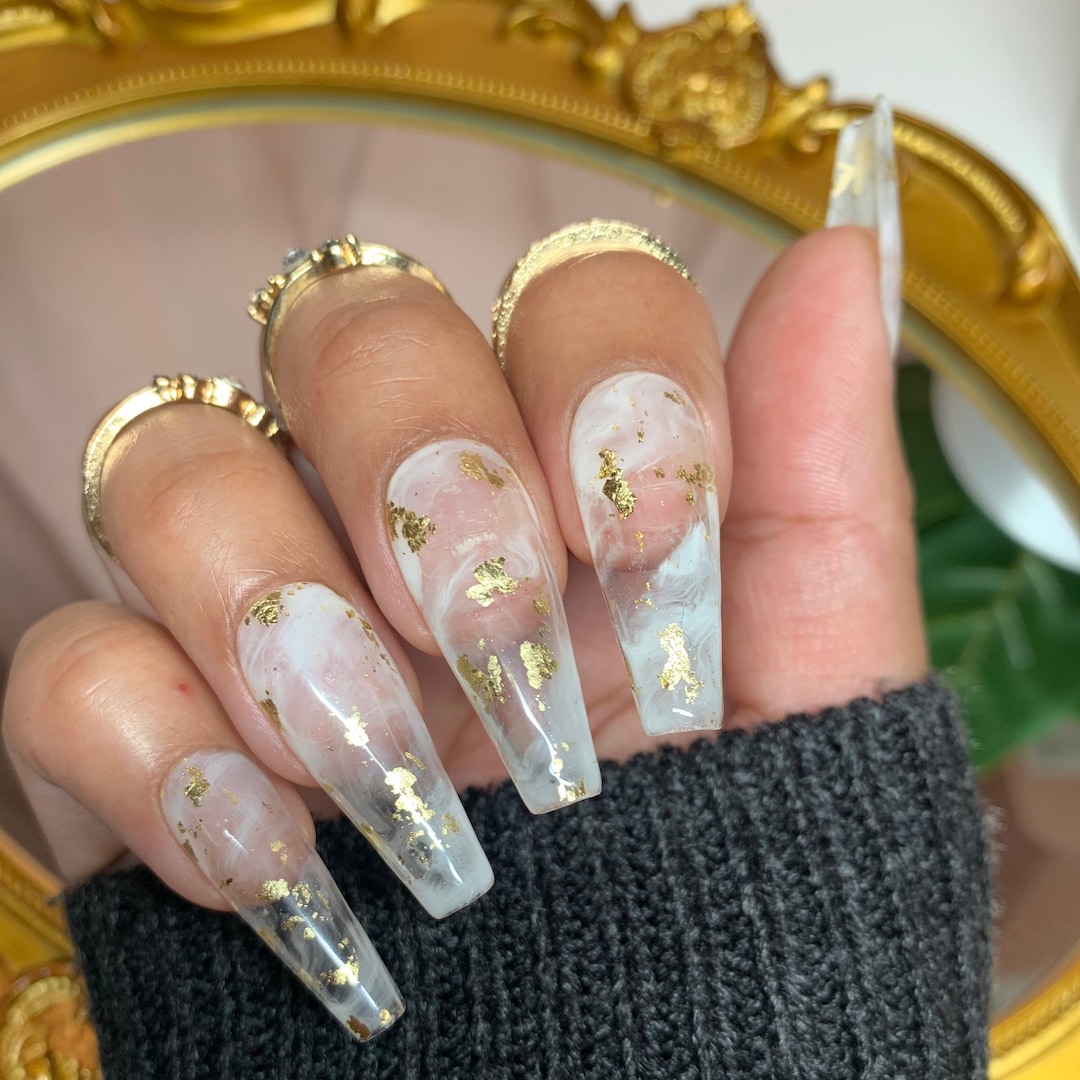 Light milky white base with gold nail stickers! : r/DIYGelNails
