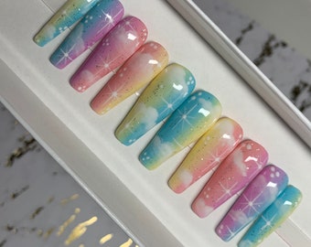 Rainbow Skies| Pastel Ombre Nails | Rainbow Nails | Press On Nails | Coffin Ballerina Nails |  Nails | Cloud Nails Winter Nails