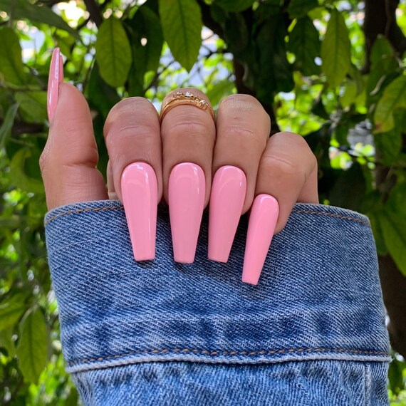 24 Pcs Pink French False Nails Long Ballerina Coffin Fingernails Extension  Tool | eBay