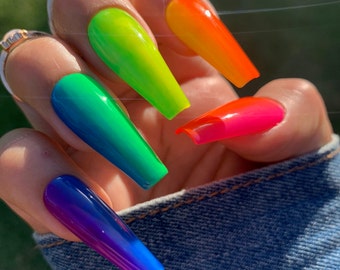 Neon Dream | Rainbow Gradient Press On Nails | Coffin Ballerina Nails | Ombré Nails | Luxury Press On Nails | Made To Order Nails