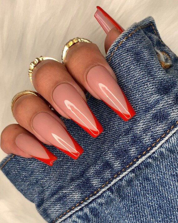 Red French Nails V Tip Nails Frenchie Nails Ballerina Coffin Nails