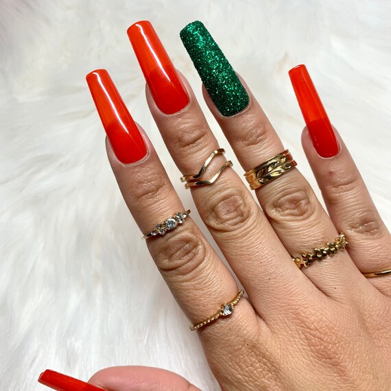 Red Nails Glitter Green Nails Holiday Luxury Press On Etsy India