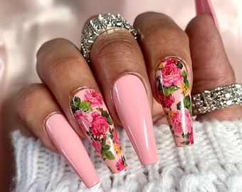 Baby Pink Flower Nails | Press on Nails | Coffin Nails | Ballerina Nails | Pink Nails | Glue On Nails | Rose Nails | False Nails |