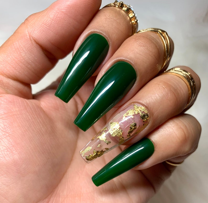 Emerald Green and Gold Press on Nails Holiday Christmas Nails Winter Nails image 1