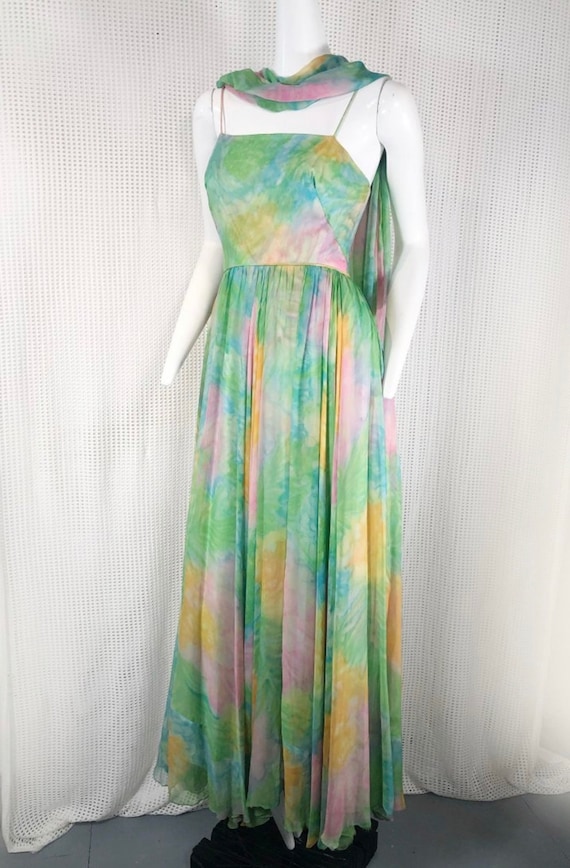 Nat Kaplan 1960s Silk Crepe Gown & Scarf