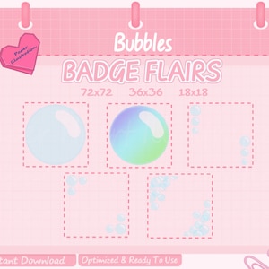 May include: A set of digital badge flairs featuring various sizes of bubbles in pink, blue, and white. The flairs are labelled with the dimensions 72x72, 36x36, and 18x18.