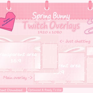 May include: Pink and white Twitch overlay template with a bunny ear design. The template includes a main overlay area, a chat area, and a transparent area. The text "Spring Bunny Twitch Overlays" is at the top of the template. The text "1920 x 1080" is below the title. The text "<- Just chatting" is in the upper right corner of the template. The text "Transparent area 16:9" is in the upper left corner of the template. The text "Main overlay ->" is below the transparent area. The text "Rent area 3:9" is in the lower right corner of the template.
