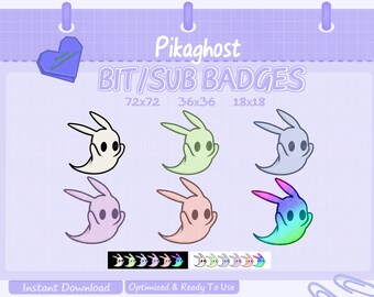 May include: A set of six digital badges featuring a cartoon ghost with bunny ears in various colors, including white, green, blue, purple, pink, and a rainbow gradient. The badges are available in three sizes: 72x72 pixels, 36x36 pixels, and 18x18 pixels. The text "Pikaghost BIT/SUB BADGES" is displayed above the badges.