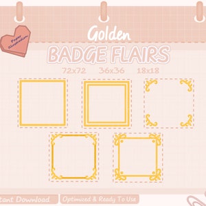 May include: Four gold badge flairs in different sizes: 72x72 inches, 36x36 inches, 18x18 inches. The flairs have a simple gold border and a more ornate gold border with a decorative design. The flairs are on a pink background with a grid pattern.