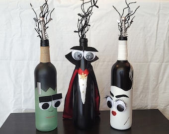 Dracula, Frankenstein, and Bride of Frankenstein Wine Bottle Set | Halloween Decor | Horror Monster Decor | Holiday Decor | Handmade Decor