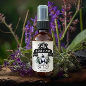 May include: A brown glass bottle with a black spray top and a label that says "Sage Mage Mischievous Potions Multifunctional Mist 2 oz (60ml)". The bottle is sitting on a wooden surface with purple flowers.