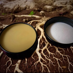 Open tin of Earth solid natural perfume on soil with roots. The fragrance combines earthy, smoky, & herbaceous elements with botanical musk, resinous warmth, & refreshing herbal notes. Ideal for nature lovers seeking a bold, lasting scent