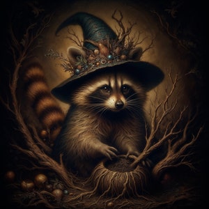 Whimsical illustration of a raccoon potion master in a forest, surrounded by roots & earth elements. Captures the essence of Earth solid perfume’s bold, earthy, & herbaceous notes, with a focus on natural, grounding ingredients.