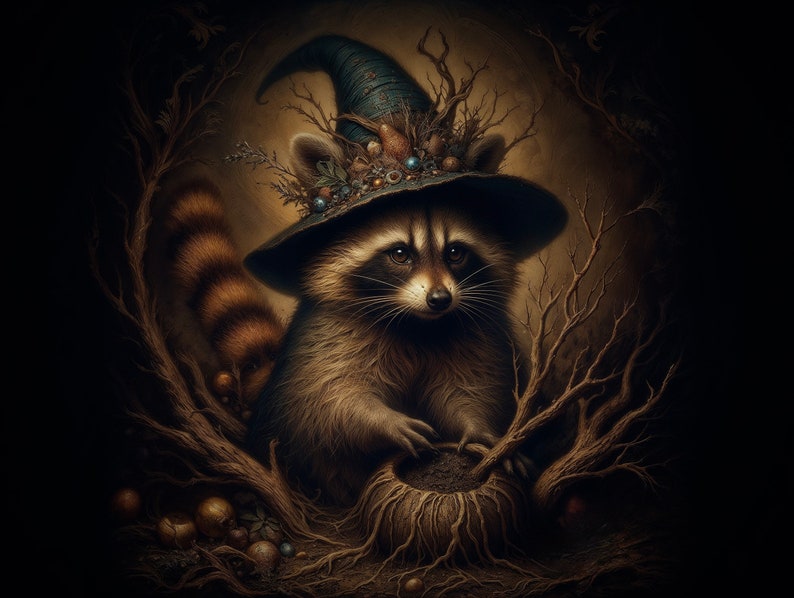 Whimsical illustration of a raccoon potion master in a forest, surrounded by roots & earth elements. Captures the essence of Earth solid perfume’s bold, earthy, & herbaceous notes, with a focus on natural, grounding ingredients.
