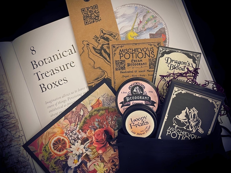 A meticulously crafted gift set with Mischievous Potions products. Packaged in a black velvet pouch with original botanical art, includes natural deodorant, Dragon’s Blood perfume, and solid perfume, ideal for witchy and nature-inspired gift-giving.