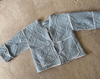 Upcycled Quilted Jacket | Light Blue Coat | Handmade from Vintage Quilt | Floral Trim | Cottagecore Layer | One of a Kind