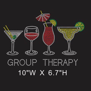 May include: Black background with a rhinestone motif of four cocktail glasses. The glasses are filled with red, yellow, and green rhinestones. Text reads "GROUP THERAPY" and the dimensions are 25.4cm W x 17cm H.