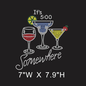 May include: Black graphic featuring three cocktail glasses in white dots, filled with red, blue, and yellow dots. The text "It's 5:00 Somewhere" is written in white dots. The graphic measures 17.8cm W x 20.1cm H.