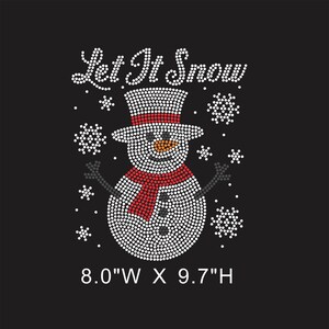 May include: A black graphic featuring a snowman made of white dots, wearing a red scarf and hat, with the text "Let It Snow" above. The design is 8.0" wide and 9.7" high.