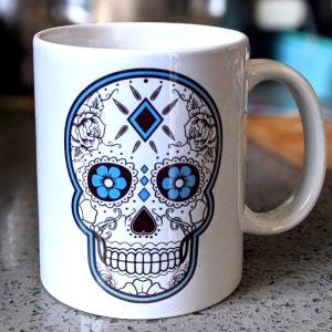 Sugar Skull Coffee Mug Dia De Los Muertos Coffee Mug 11 oz White Mexican Art Skull Coffee Mug