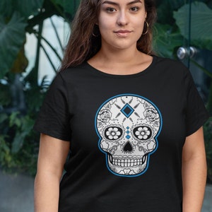 Women’s Dia De Los Muertos Shirt, Sugar Skull Shirt, Light Blue Calavera Day of the Dead by Casita De Los Muertos