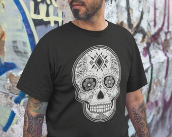 Sugar Skull TShirt Black & Grey Dia De Los Muertos Calavera Day of The Dead Sugar Skull Shirts by Casita De Los Muertos