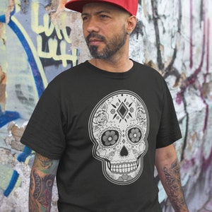 Sugar Skull TShirt Black & Grey Dia De Los Muertos Calavera Day of The Dead Sugar Skull Shirts by Casita De Los Muertos