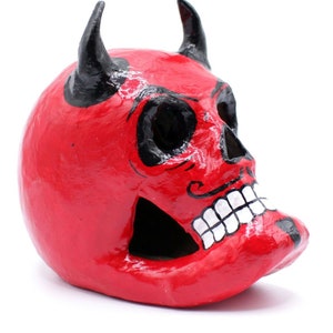 Diablito Calavera Skull Dia De Los Muertos Red Sugar Skulls with Black Horns Papier-mâché by Casita De Los Muertos