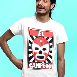 Lucha Libre Shirt, El Campeon, White Cotton Lucha Libre Mask Design Luchador T-Shirt Red by Casita De Los Muertos