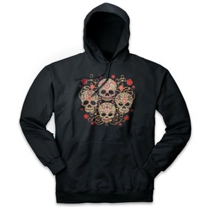 May include: Black hooded sweatshirt with a colorful sugar skull design. The skulls are surrounded by floral patterns and swirls.