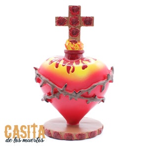 Sacred Cross and Heart Dia De Los Muertos Statue, Red Heart Traditional Statue by Casita De Los Muertos