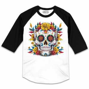 Camiseta raglán colorida con calavera de Dia De Los Muertos con Calavera de Casita De Los Muertos