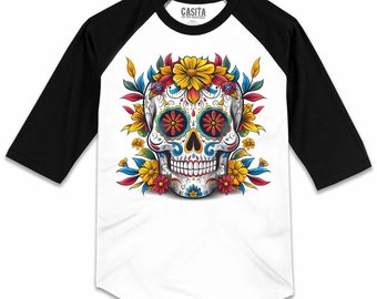 Camiseta raglán colorida con calavera de Dia De Los Muertos con Calavera de Casita De Los Muertos