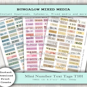 Mini Number Text Tags T101 Antique Vintage Number Labels Collage Junk Journals Scrapbook Book Instant Download 3 Colors with 156 TAGS Total