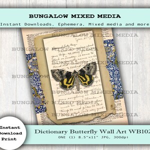 Könnte beinhalten: Ein digitaler druckbarer Wandkunstentwurf mit einem Schmetterling mit gelben und schwarzen Flügeln auf einer alten Wörterbuchseite mit blauen und gelben Blumenmustern. Der Text auf der Seite lautet "Dictionary Butterfly Wall Art WB102 ONE (1) 8.5"x11" JPG. 300dpi".