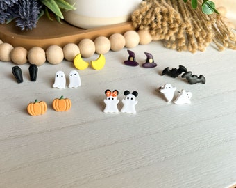 Small Halloween Polymer Clay Studs|Fall Studs |Spooky Earrings |Ghost |Mousy Ghost |Pumpkin |Witch Hat |Bat |Coffin |Moon |Nickel Free
