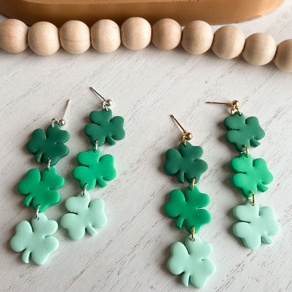 St. Patrick's Day Green Ombre Shamrock Chandelier Earrings | Polymer Clay Dangles | Shamrocks | St. Paddy's Day Earrings | Nickel Free