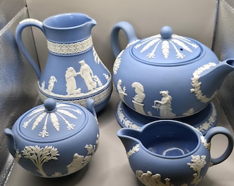 Vintage Wedgwood Jasperware blue and white tea pot  set. Sold separately