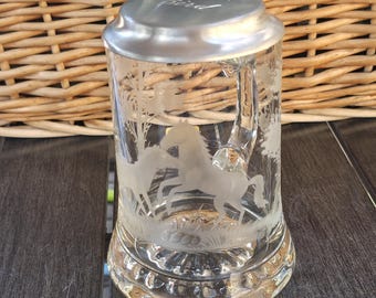 Vintage Heavy Etched Glass German Beer Stein With Pewter Lid