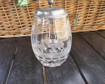 Vintage Heavy Etched Glass Beer Stein With Pewter Lid