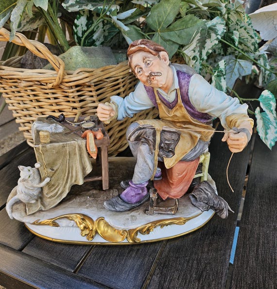 Vintage Capodimonte Cobbler (Shoemaker) and Cat by Merli; Works of Art,  Italy 93