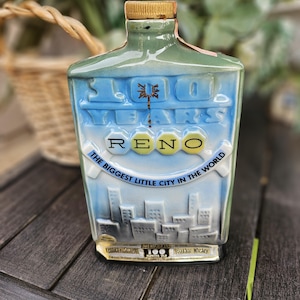 Vintage 1968 Jim Beam Whiskey Decanter &quot;RENO - The Biggest Little City in the World&quot; Empty,  Man cave décor;