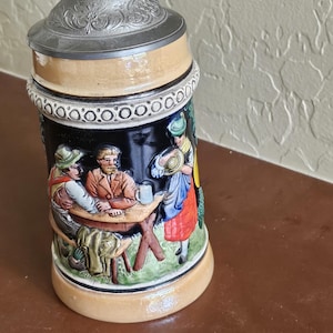 Vintage German Beer Stein with Pewter Lid: Tavern Scene