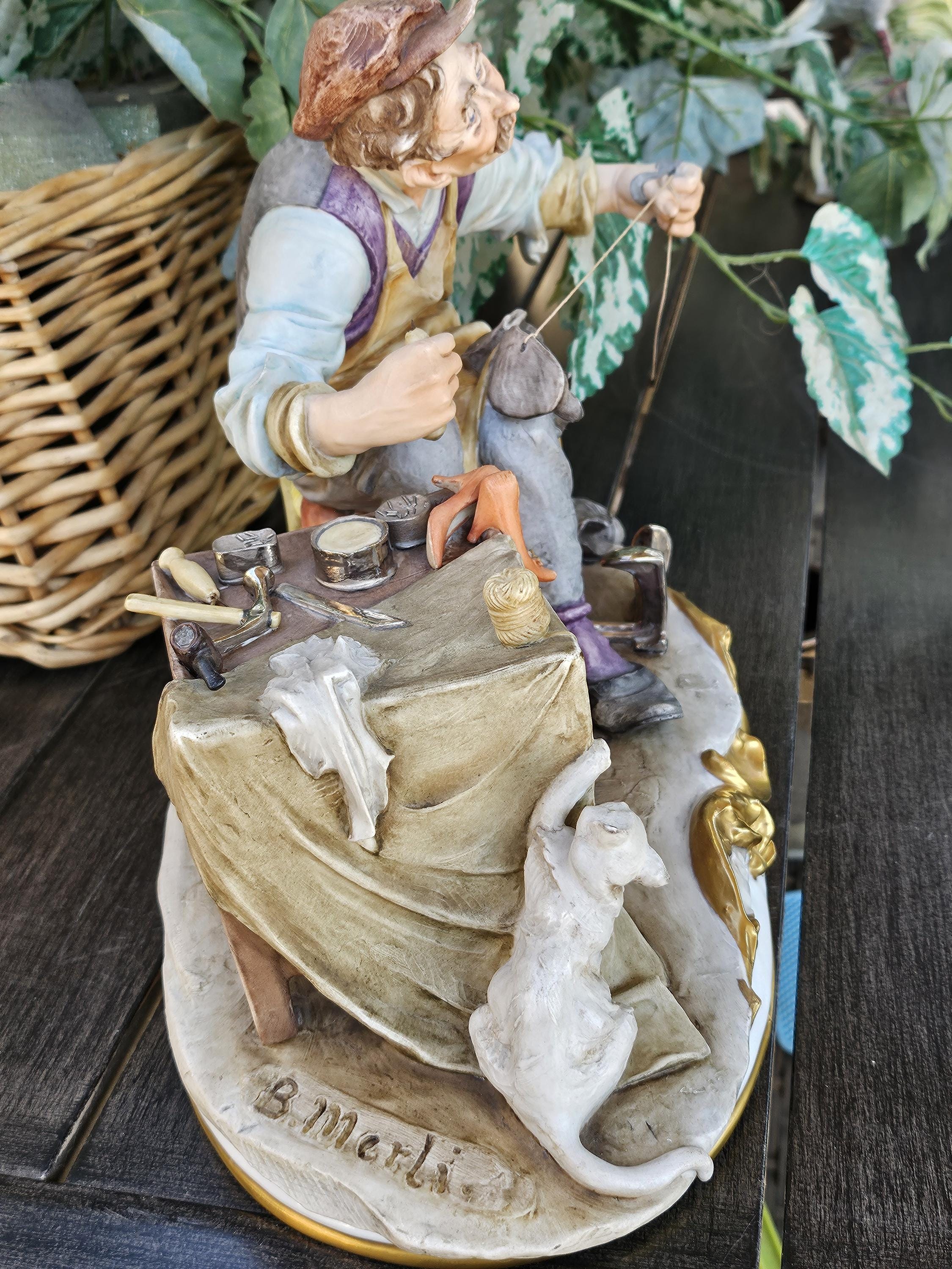 Vintage Capodimonte Cobbler (shoemaker) and Cat by B. Merli; Works