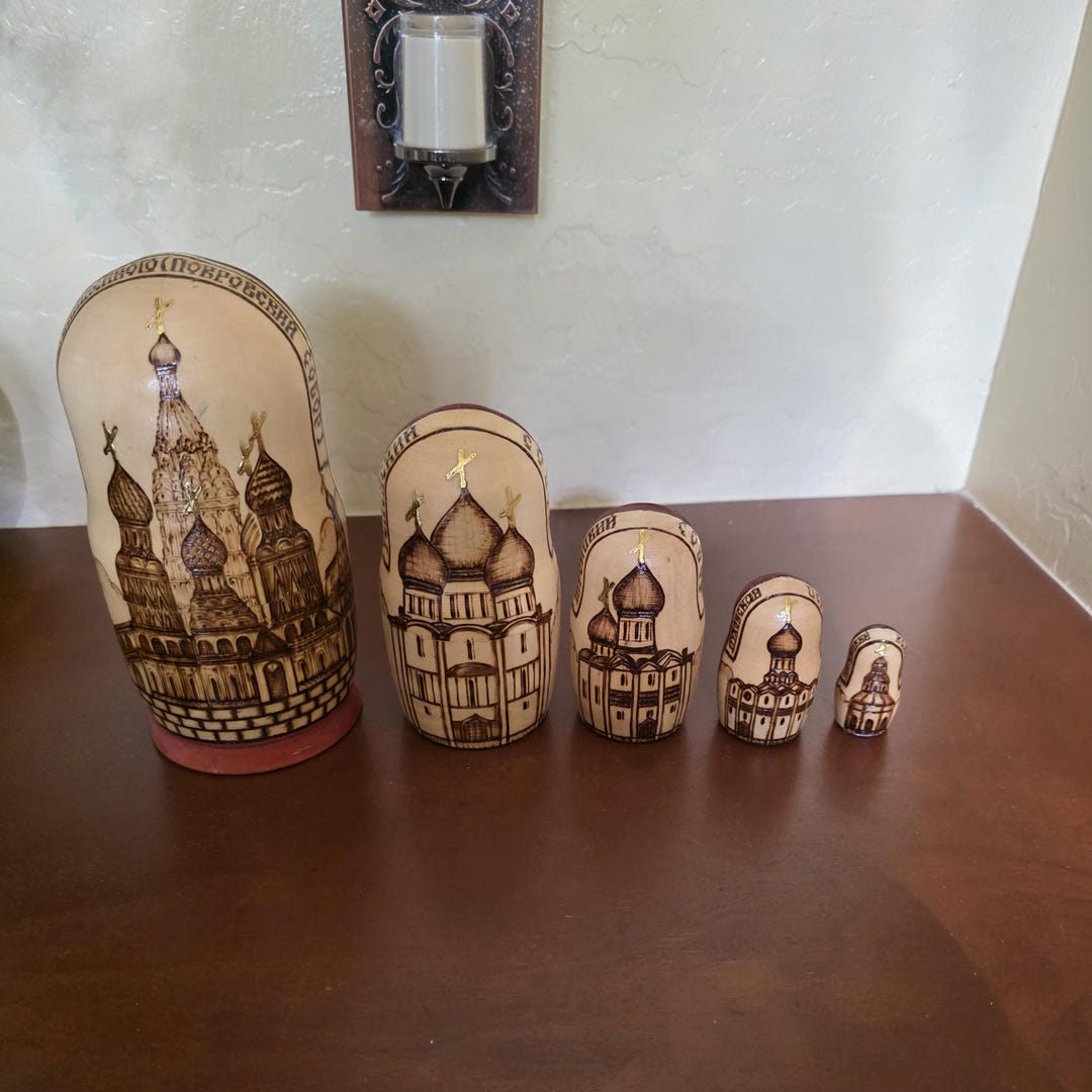 Vintage Traditional Russian Churches Pyrography 5 Pieces Nesting Doll ...