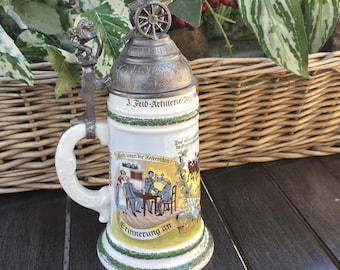 Vintage German Artillery Regimen, 1899-1901, Karl Rau Porcelain Beer Stein with Lithophane