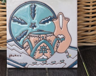 Vintage 6' x 6' 1990s Earthtones Tile, Trivet Signed by Leone Kuhne