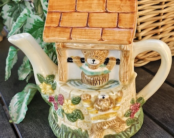 Vintage Decorative Ceramic Teapot 2 Teddy Bears Playing At Water Well; Decorative teapot